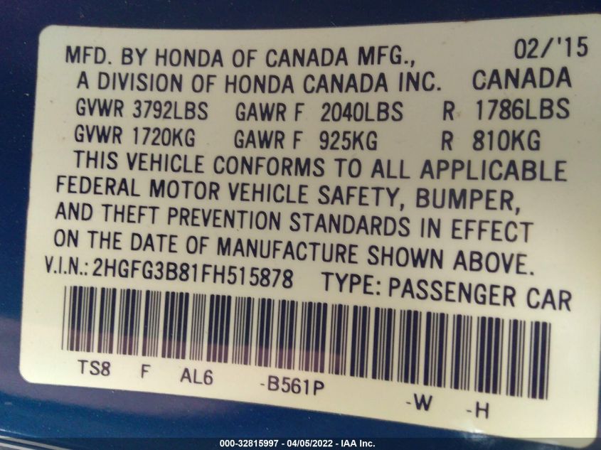 2015 HONDA CIVIC COUPE EX 2HGFG3B81FH515878