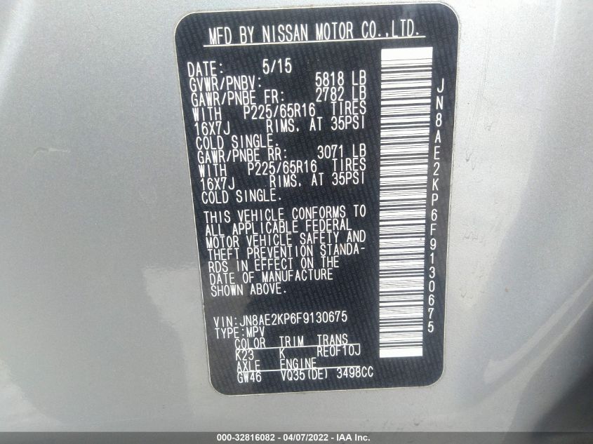 2015 NISSAN QUEST SV/S/PLATINUM/SL JN8AE2KP6F9130675