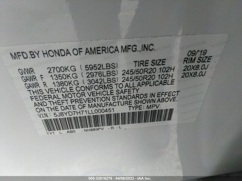 2020 ACURA MDX SPORT HYBRID W 5J8YD7H71LL000451