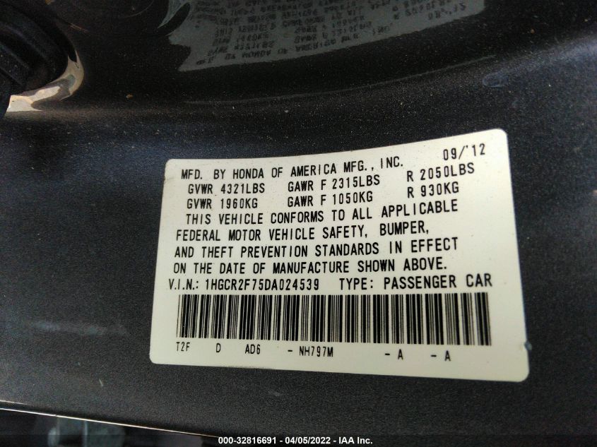 2013 HONDA ACCORD SDN EX 1HGCR2F75DA024539