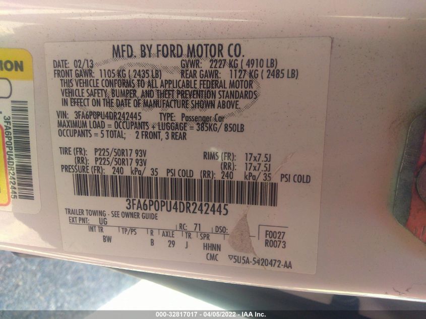 2013 FORD FUSION ENERGI SE LUXURY 3FA6P0PU4DR242445