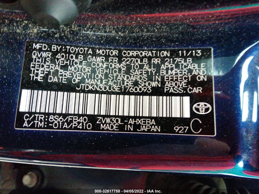 2014 TOYOTA PRIUS FOUR/FIVE/THREE/ONE/TWO JTDKN3DU3E1760093