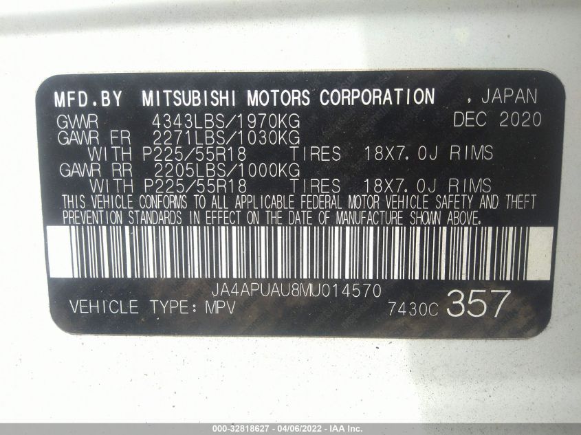 2021 MITSUBISHI OUTLANDER SPORT ES/LE/BE/S JA4APUAU8MU014570