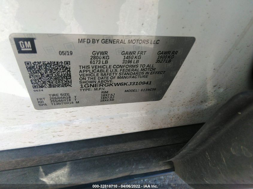 2019 CHEVROLET TRAVERSE LT CLOTH 1GNERGKW6KJ310941