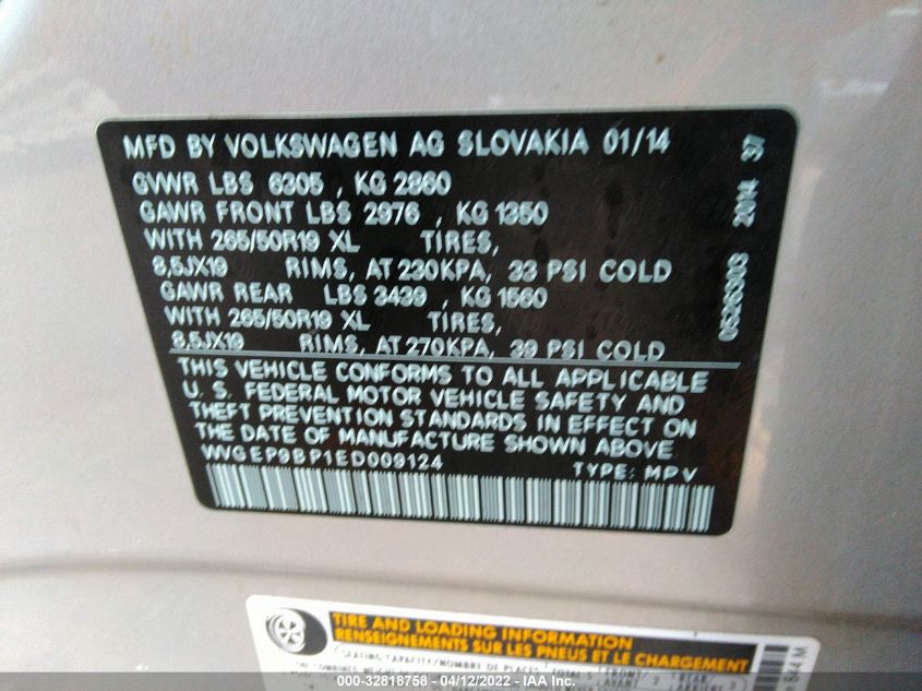 2014 VOLKSWAGEN TOUAREG LUX WVGEP9BP1ED009124
