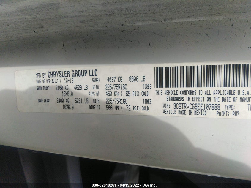 2014 RAM PROMASTER 2500 HIGH ROOF VIN: 3C6TRVCG9EE107689