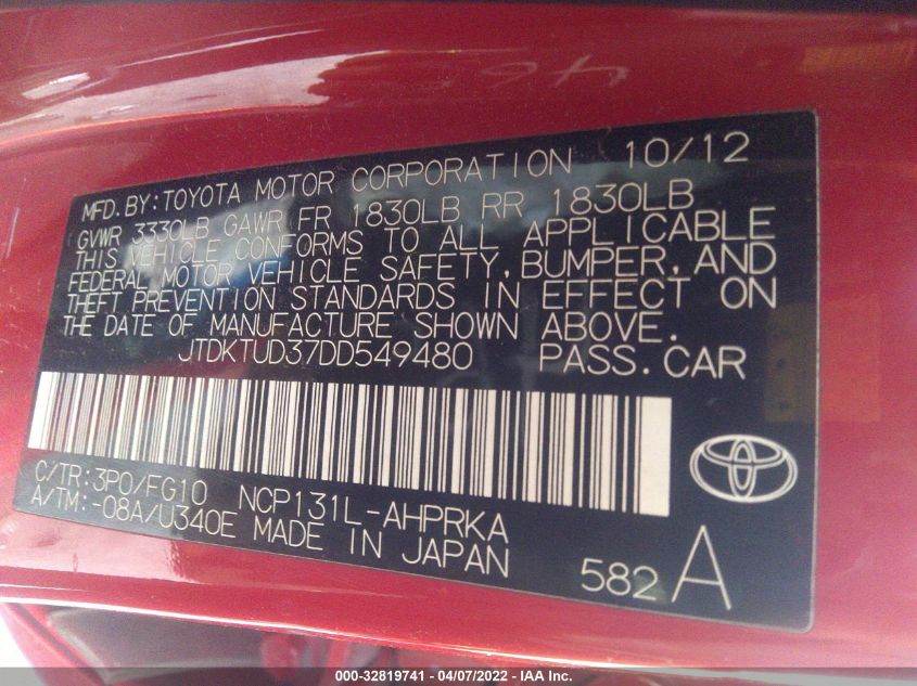 2013 TOYOTA YARIS L/LE/SE JTDKTUD37DD549480