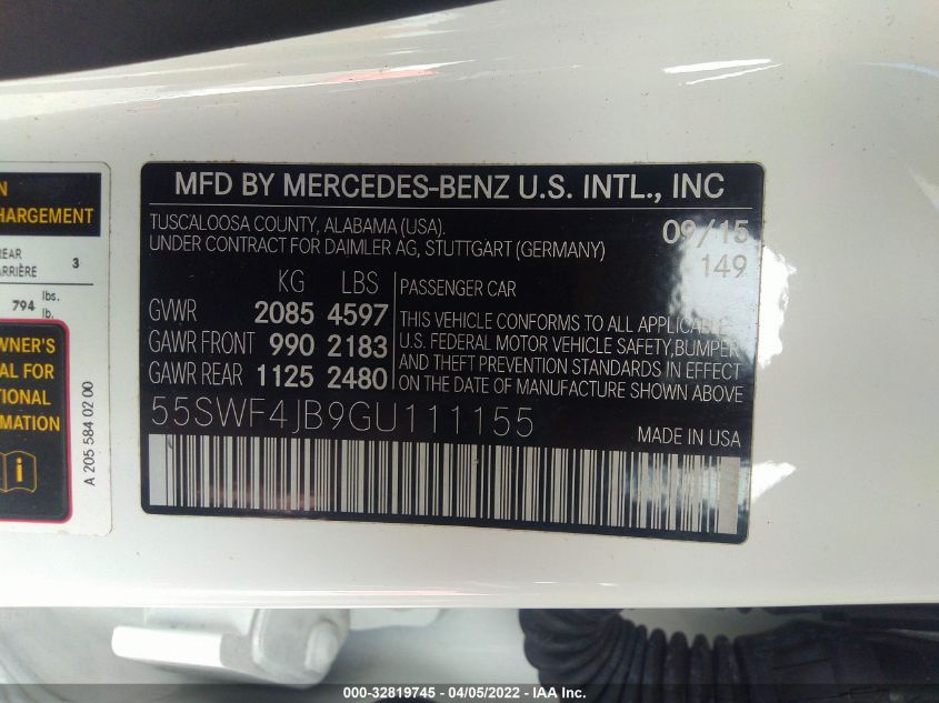 2016 MERCEDES-BENZ C-CLASS C 300 55SWF4JB9GU111155
