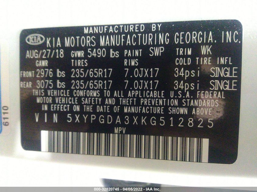 2019 KIA SORENTO LX 5XYPGDA3XKG512825