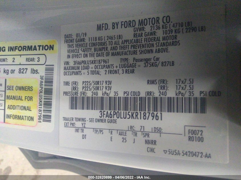 2019 FORD FUSION HYBRID SE 3FA6P0LU5KR187961