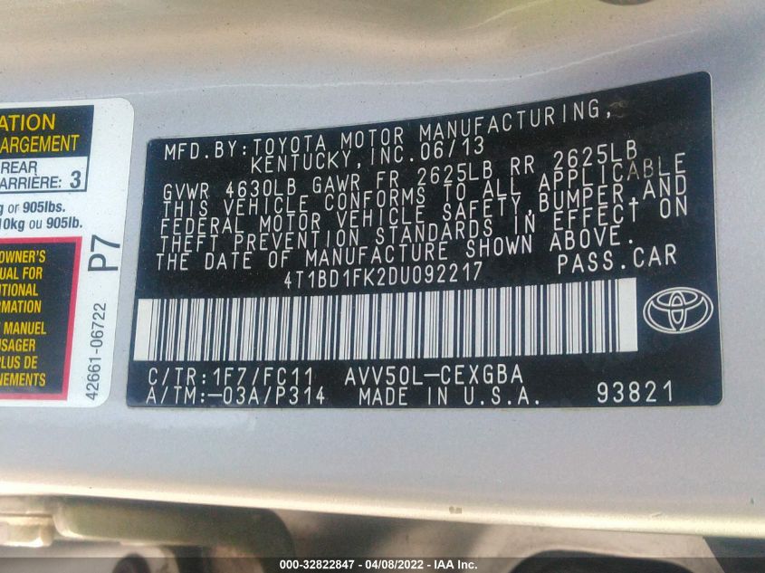 2013 TOYOTA CAMRY HYBRID LE/XLE 4T1BD1FK2DU092217