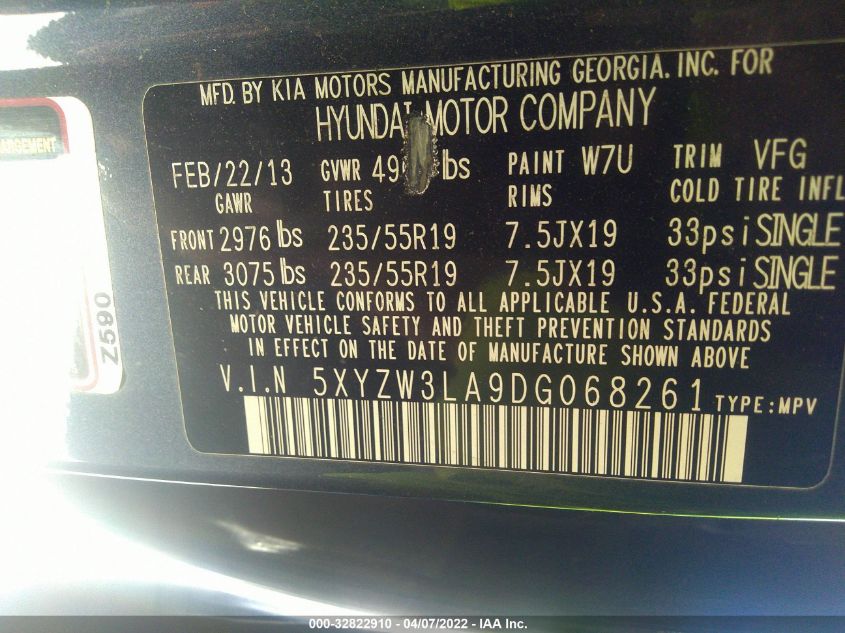 2013 HYUNDAI SANTA FE 2.0T SPORT 5XYZW3LA9DG068261