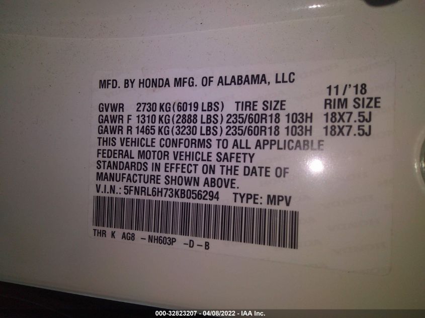 2019 HONDA ODYSSEY EX-L 5FNRL6H73KB056294