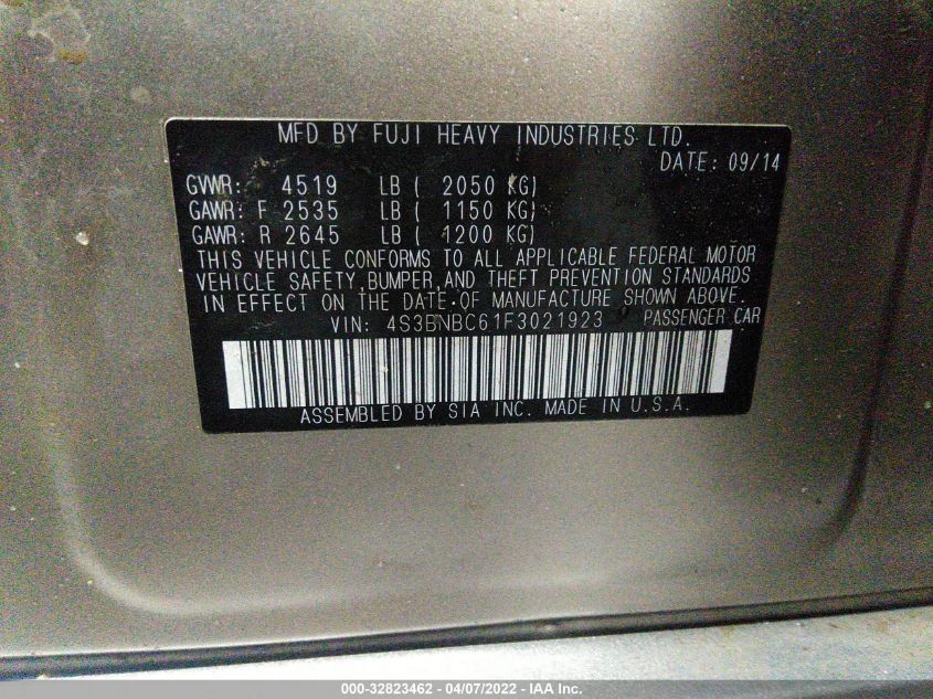 2015 SUBARU LEGACY 2.5I PREMIUM 4S3BNBC61F3021923