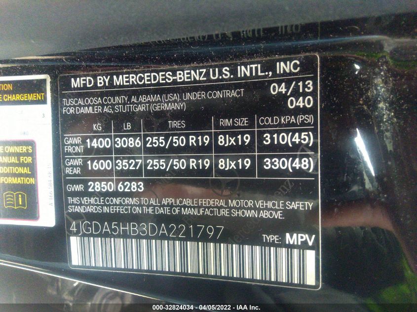 2013 MERCEDES-BENZ M-CLASS ML 350 4JGDA5HB3DA221797