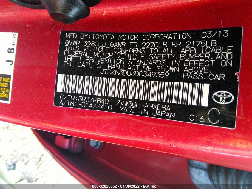 2013 TOYOTA PRIUS ONE/TWO/THREE/FOUR/FIVE JTDKN3DU3D0349359
