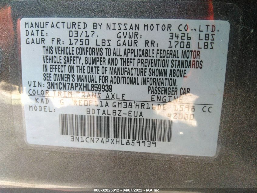 2017 NISSAN VERSA SEDAN S/S PLUS/SV/SL 3N1CN7APXHL859939