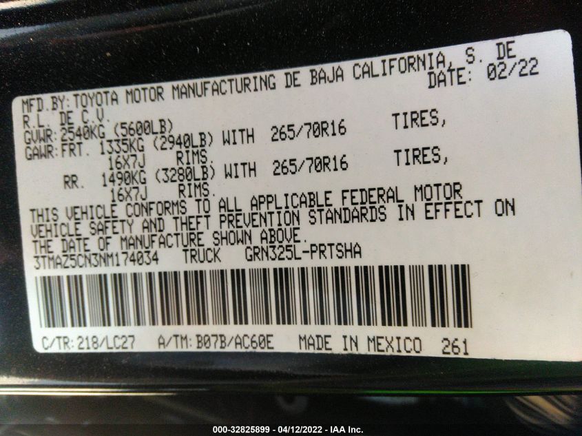 2022 TOYOTA TACOMA 2WD SR5/TRD SPORT 3TMAZ5CN3NM174034