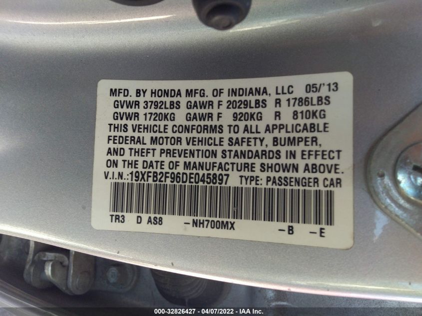 2013 HONDA CIVIC SDN EXL 19XFB2F96DE045897