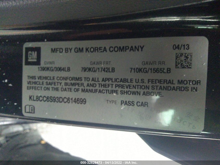 2013 CHEVROLET SPARK LT KL8CC6S93DC614699