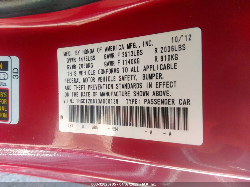 2013 HONDA ACCORD CPE EX-L 1HGCT2B81DA000139