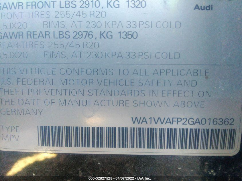 2016 AUDI Q5 PRESTIGE WA1VVAFP2GA016362