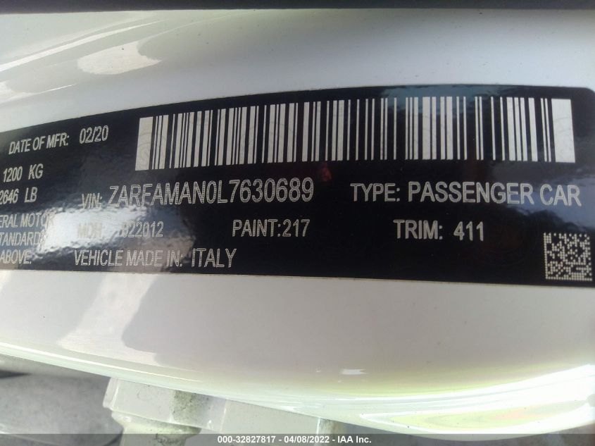 2020 ALFA ROMEO GIULIA ZARFAMAN0L7630689