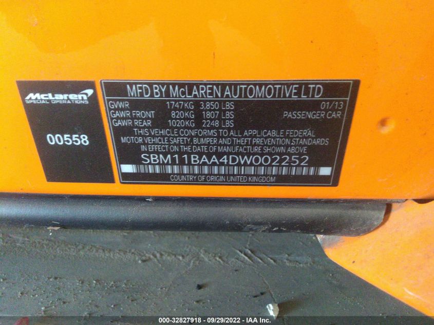 2013 MCLAREN AUTOMOTIVE MP4-12C SPIDER SBM11BAA4DW002252
