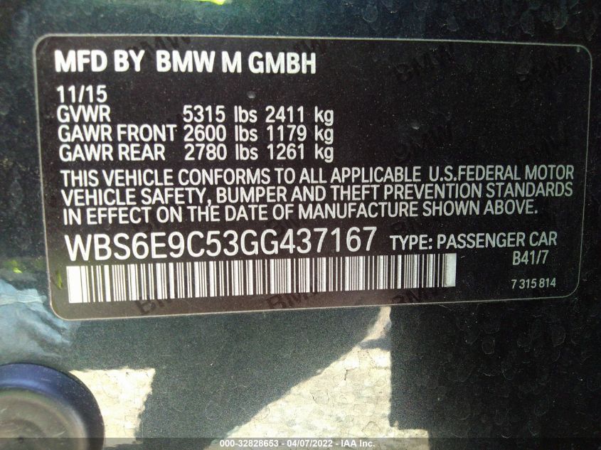 2016 BMW M6 GRAN COUPE WBS6E9C53GG437167