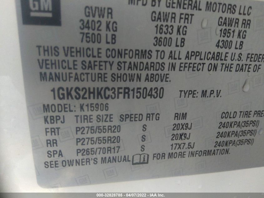 2015 GMC YUKON XL SLT 1GKS2HKC3FR150430