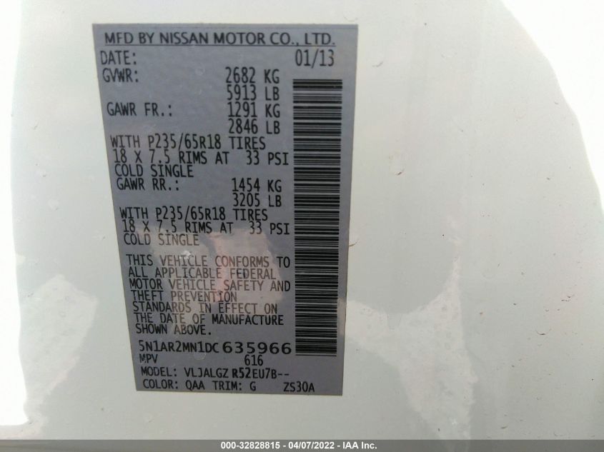 2013 NISSAN PATHFINDER SL 5N1AR2MN1DC635966