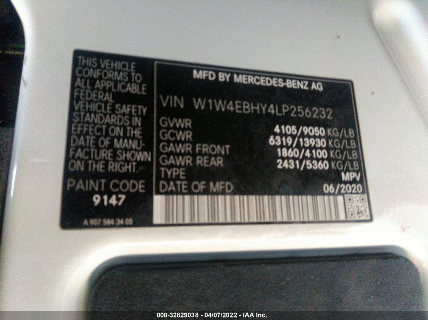 2020 MERCEDES-BENZ SPRINTER VAN W1W4EBHY4LP256232