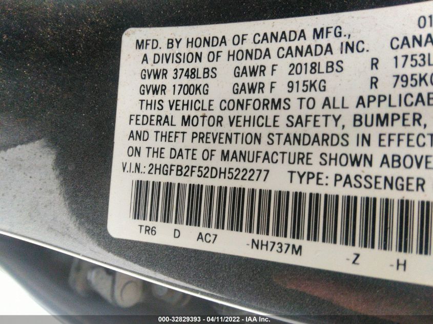 2013 HONDA CIVIC SDN LX 2HGFB2F52DH522277