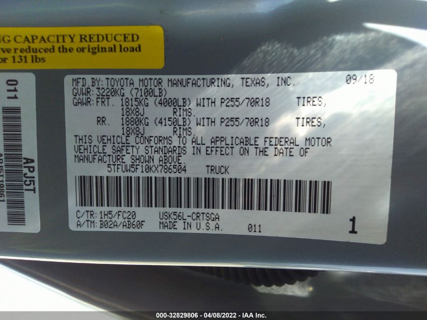 2019 TOYOTA TUNDRA 4WD SR5 5TFUW5F10KX786504