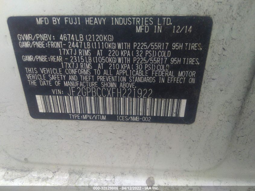 2015 SUBARU XV CROSSTREK HYBRID JF2GPBCCXFH221922