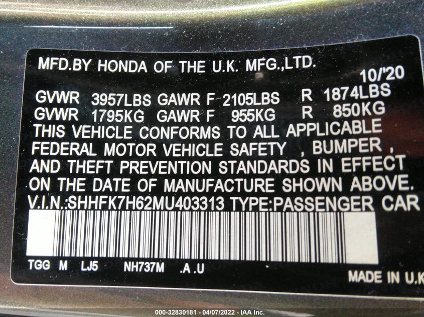 2021 HONDA CIVIC HATCHBACK EX SHHFK7H62MU403313