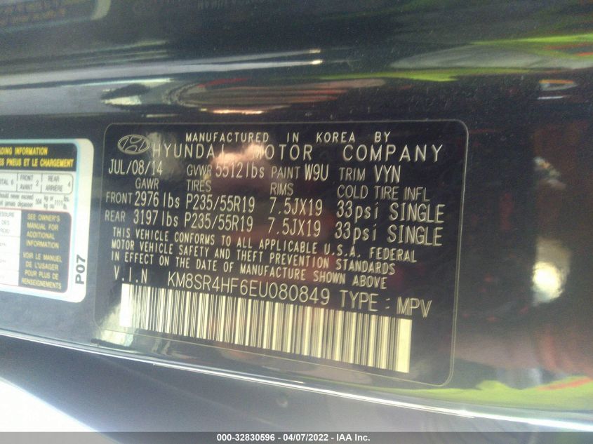 2014 HYUNDAI SANTA FE LIMITED KM8SR4HF6EU080849