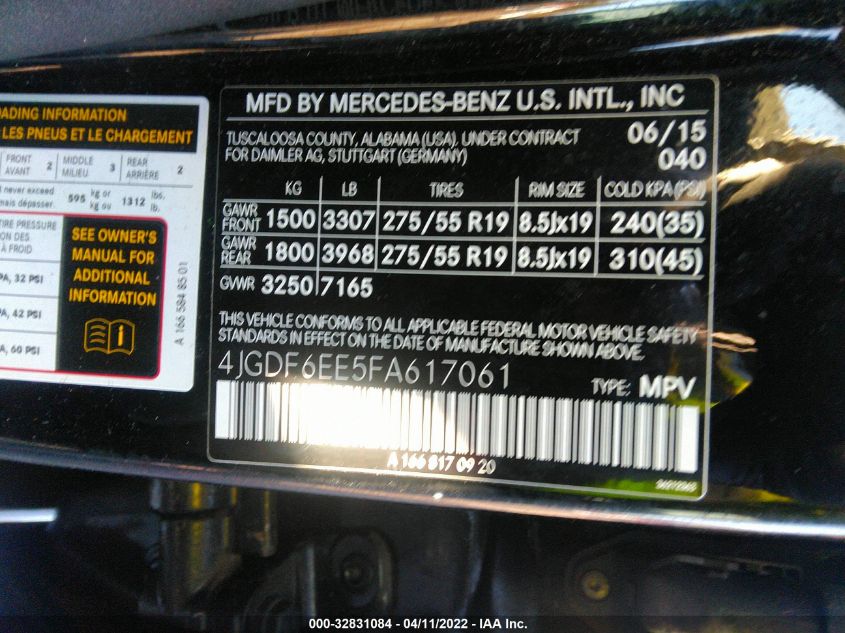 2015 MERCEDES-BENZ GL-CLASS GL 450 4JGDF6EE5FA617061