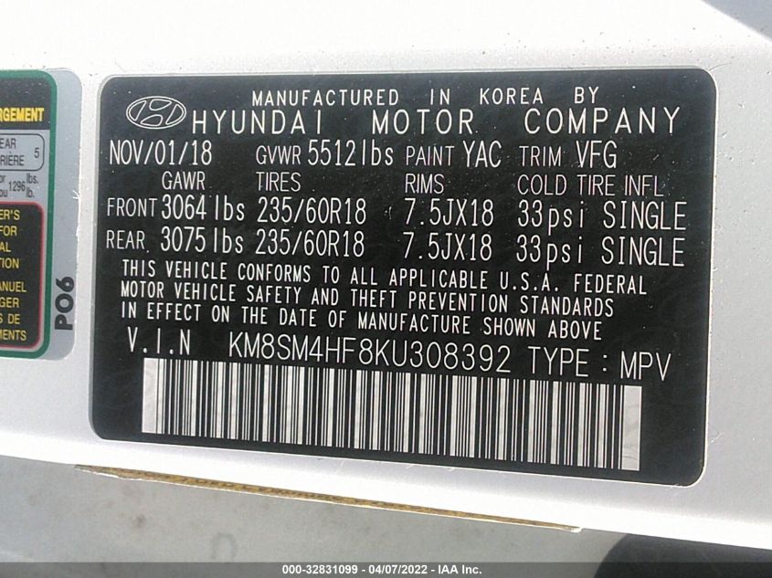 2019 HYUNDAI SANTA FE XL SE KM8SM4HF8KU308392