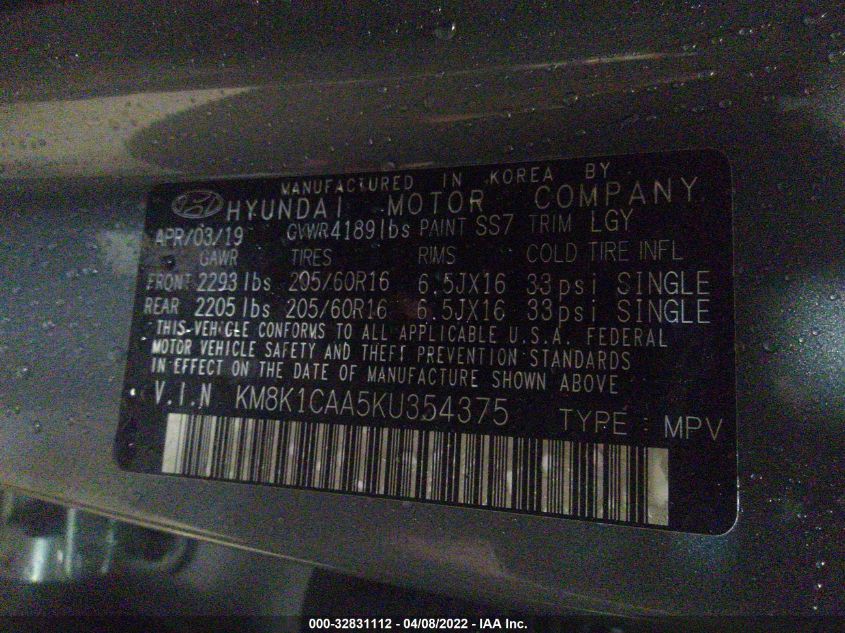 2019 HYUNDAI KONA SE KM8K1CAA5KU354375