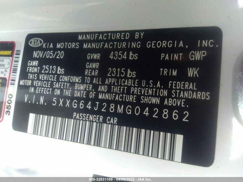2021 KIA K5 GT-LINE 5XXG64J28MG042862
