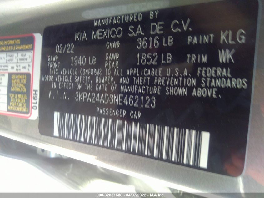 2022 KIA RIO S 3KPA24AD3NE462123