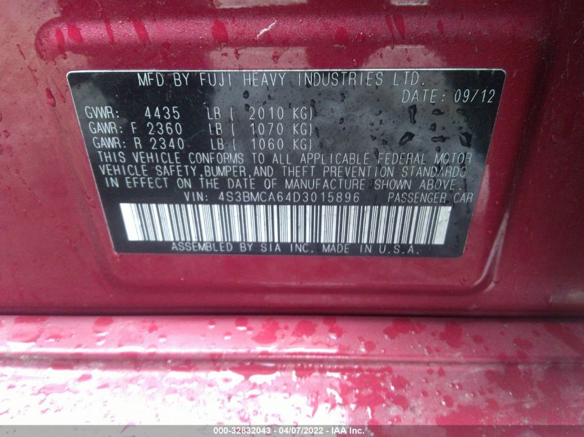 2013 SUBARU LEGACY 2.5I 4S3BMCA64D3015896