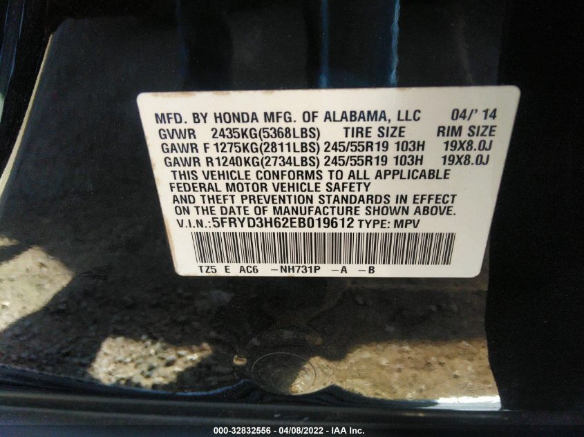 2014 ACURA MDX TECHNOLOGY 5FRYD3H62EB019612