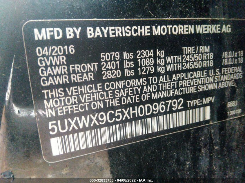 2017 BMW X3 XDRIVE28I 5UXWX9C5XH0D96792