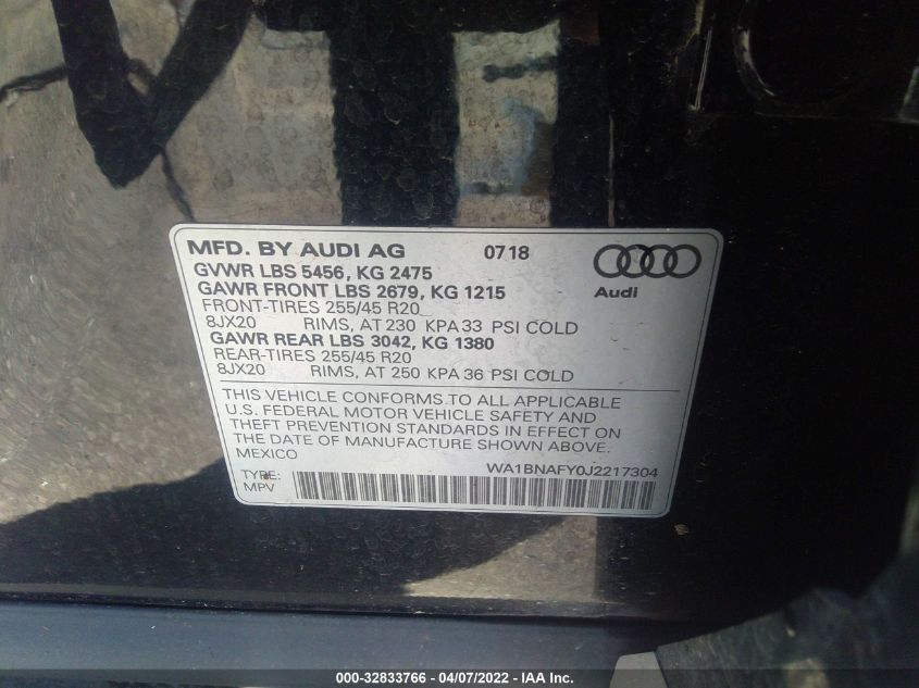 2018 AUDI Q5 PREMIUM PLUS WA1BNAFY0J2217304
