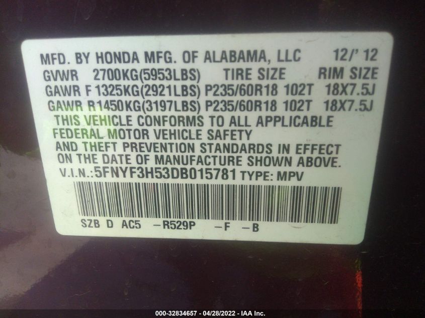 2013 HONDA PILOT EX-L 5FNYF3H53DB015781