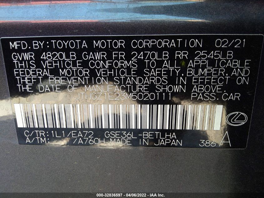 2021 LEXUS IS IS 350 F SPORT JTHGZ1E23M5020111