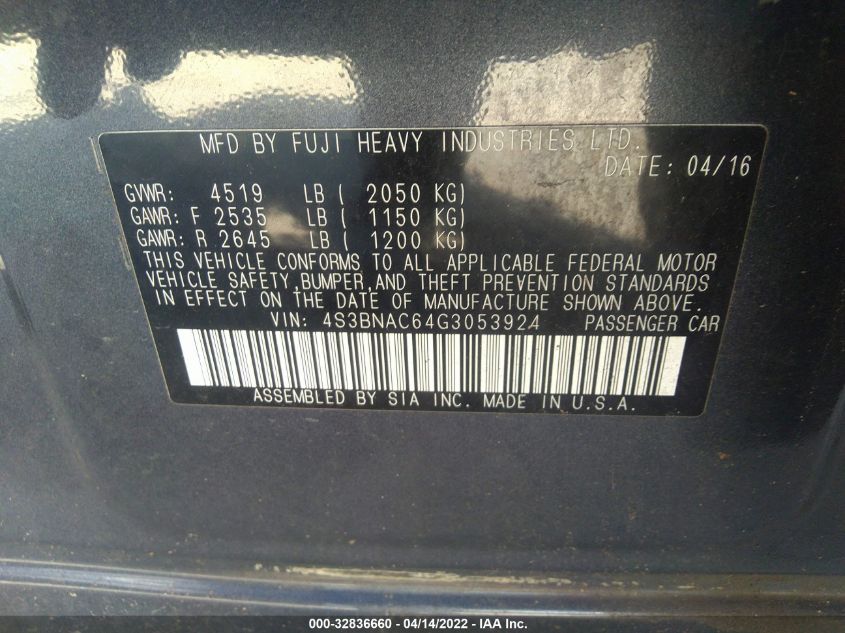 2016 SUBARU LEGACY 2.5I PREMIUM 4S3BNAC64G3053924