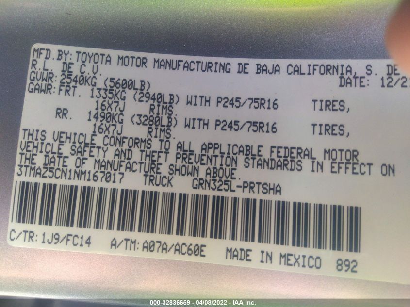 2022 TOYOTA TACOMA 2WD SR5/TRD SPORT 3TMAZ5CN1NM167017